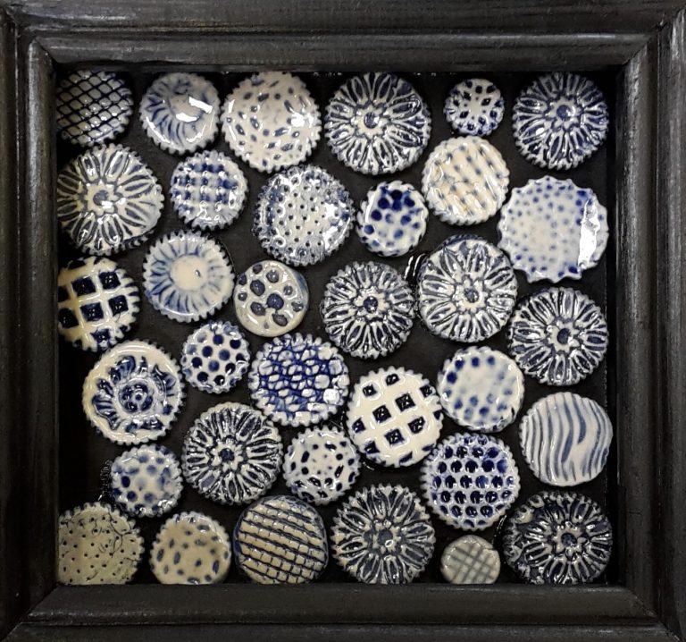Dreaming of Delft - porcelain buttons in shadow box - $125