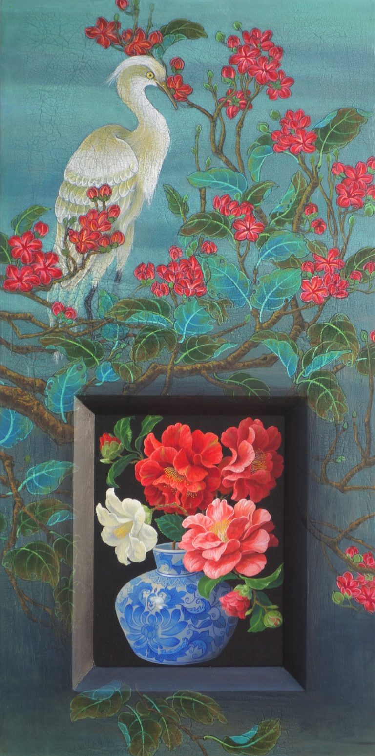 In Congruence - Camellia and White Egret, Acrylic, 48in x 24in, $2800