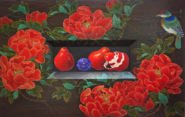 In Congruence - Red Pears and Peony, Acrylic, 23in x 36in, $1800