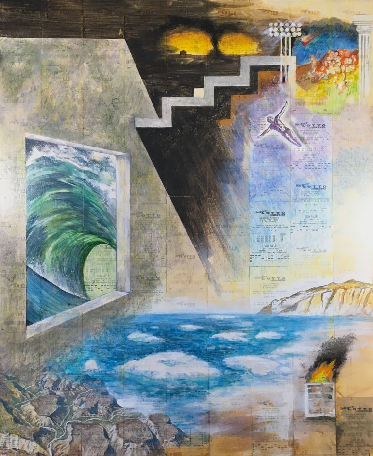 In My Wildest Dreams, Acrylic on collaged lotto tickets on panel, 36 x 29.5, $3800.