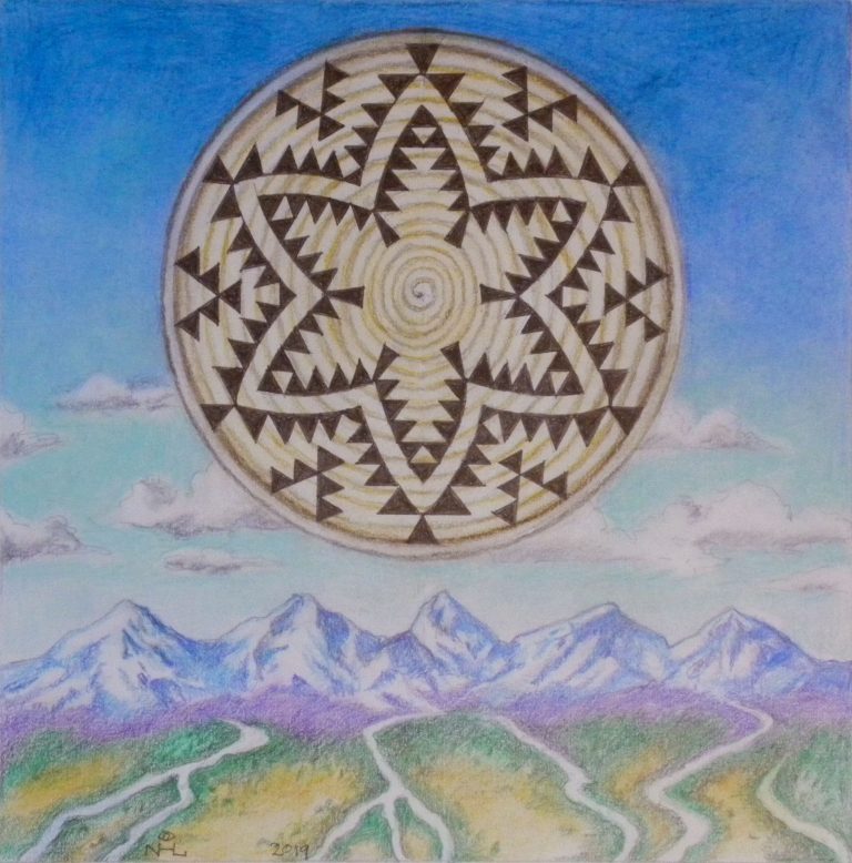 Maidu Dream, Sepia Ink, Color Pencil, Pastel, 12 x 12, 19 x 19 w/frame $325.