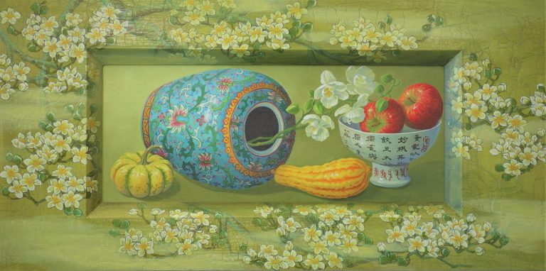 In Congruence - Antique Vase and Blossom, Acrylic, 24in x 48in, $2800