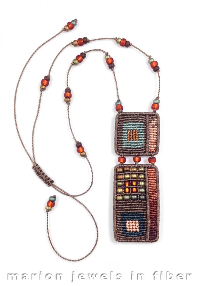 Earth Tones Medallion - Cavandoli Series, knotted nylon thread, wire armatures, leather lining, Miyuki glass beads, adjustable length, medallion 1.25” wide - $225. - SOLD Earth Tones Medallion - Cavandoli Series, knotted nylon thread, wire armatures, leather lining, Miyuki glass beads, adjustable length, medallion 1.25” wide - $225. - SOLD