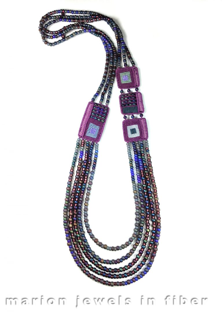 Infinity 3 Neckpiece - Cavandoli Series, knotted nylon thread, wire armatures, leather lining, Miyuki glass beads, 35” around at longest - $525. Infinity 3 Neckpiece - Cavandoli Series, knotted nylon thread, wire armatures, leather lining, Miyuki glass beads, 35” around at longest - $525.