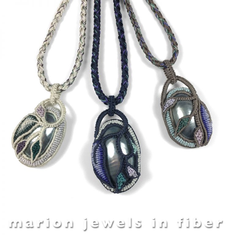 Flowers & Leaved Medallions - Cavandoli Series, osmena pearls, knotted nylon and silk thread, wire armatures, leather lining, hand braided cord with sterling silver clasps, medallions 2 to 2.25” long - $150. to $180. Flowers & Leaved Medallions - Cavandoli Series, osmena pearls, knotted nylon and silk thread, wire armatures, leather lining, hand braided cord with sterling silver clasps, medallions 2 to 2.25” long - $150. to $180.