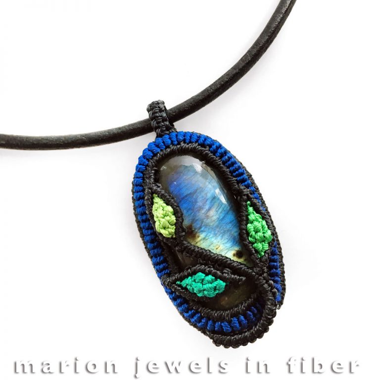 New Leaf Medallion - Cavandoli Series, labradorite, knotted nylon and silk thread, 16” leather cord + 2.5” extender, sterling silver clasp, medallion 1 7/8” long - $98. New Leaf Medallion - Cavandoli Series, labradorite, knotted nylon and silk thread, 16” leather cord + 2.5” extender, sterling silver clasp, medallion 1 7/8” long - $98.
