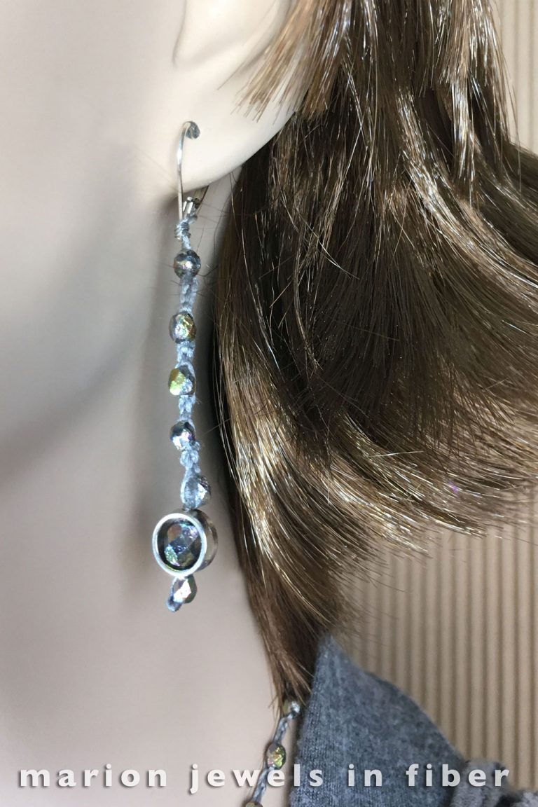 Matching Earrings - Crocheted silk tape, Czech fire polished beads, Halo beads, and sterling silver leverbacks, 2.5” drop - $29. Available or made to order in many other colors and length. Matching Earrings - Crocheted silk tape, Czech fire polished beads, Halo beads, and sterling silver leverbacks, 2.5” drop - $29. Available or made to order in many other colors and length.