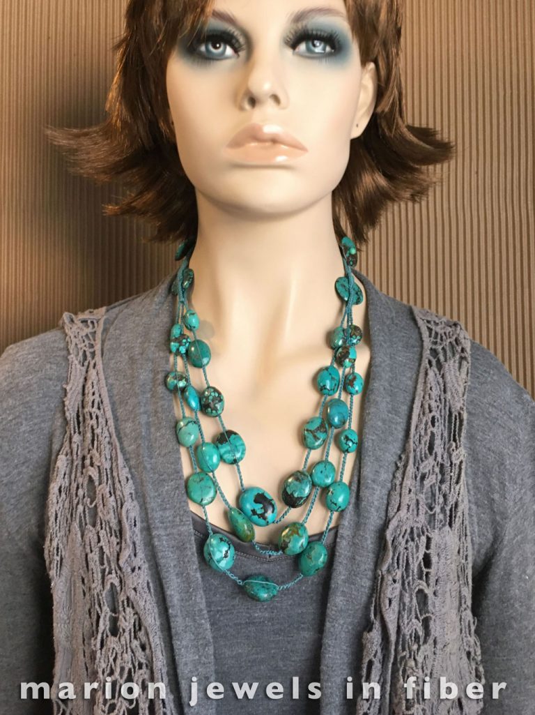 Triple Crochet Turquoise Neckpiece - Crocheted and knotted nylon cord, turquoise nugget beads, turquoise donut beads, 26.5 long or adjust to 20” long - $325. Triple Crochet Turquoise Neckpiece - Crocheted and knotted nylon cord, turquoise nugget beads, turquoise donut beads, 26.5 long or adjust to 20” long - $325.