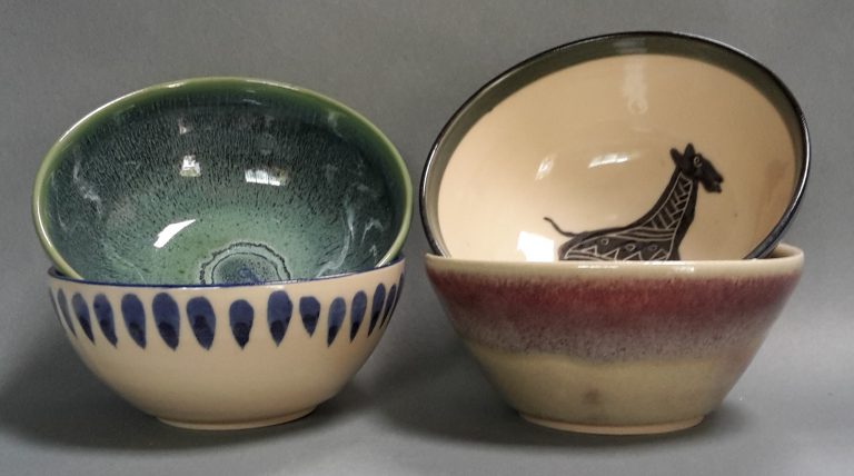 wheel-thrown bowls in porcelain and stoneware, $15 to $40 depending on size