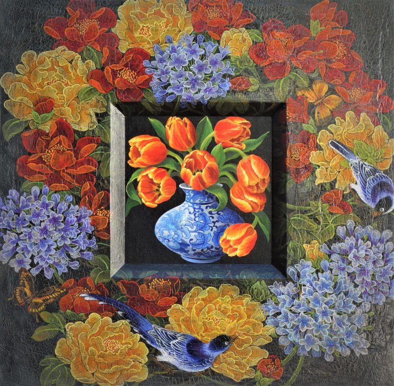 In Congruence - Tulips and Blue Birds, Acrylic, 40in x 40in, $3500