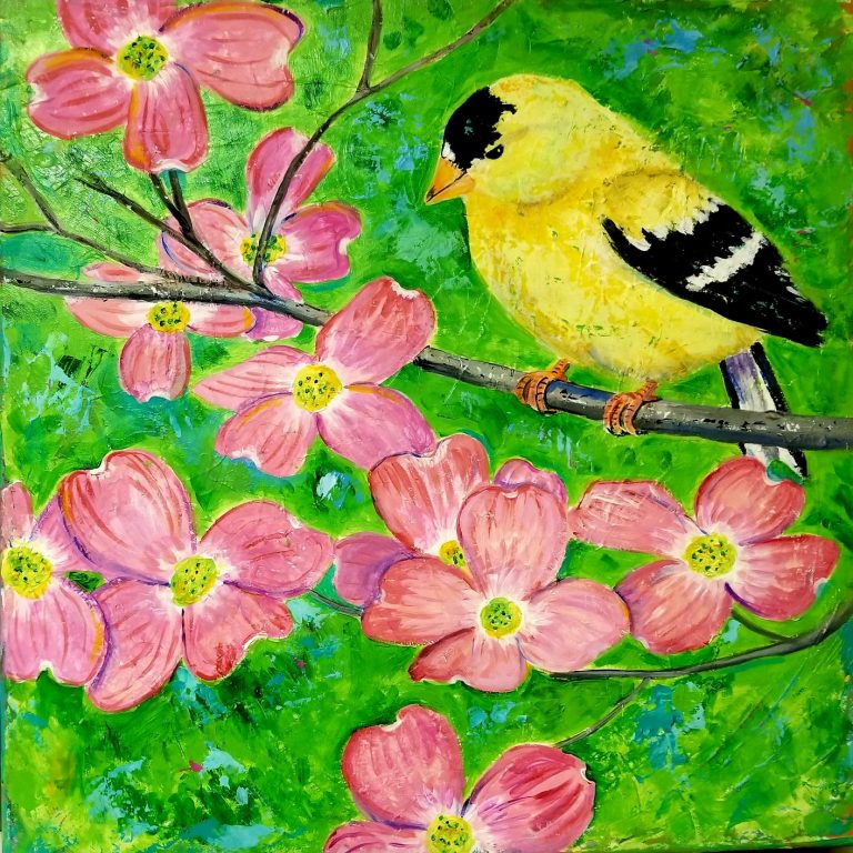Goldfinch with Pink Dogwoods, acrylic, 20x20, $190