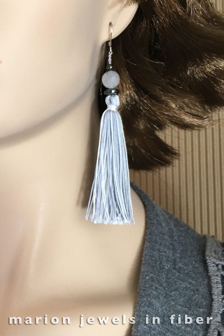 Matching Tassel Earrings - Knotted and braided nylon cord, handmade tassel, black tourmaline and hematite beads, sterling silver leverbacks, 4.25” drop - $29. Matching Tassel Earrings - Knotted and braided nylon cord, handmade tassel, black tourmaline and hematite beads, sterling silver leverbacks, 4.25” drop - $29.