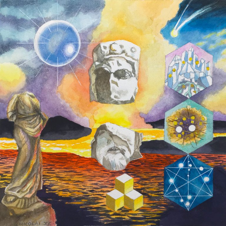 Fragments Series - The Alchemist, Watercolor, 12 x12, 18 x 18 w/frame, $400. Giclée, 12 x 12 bare print $59.