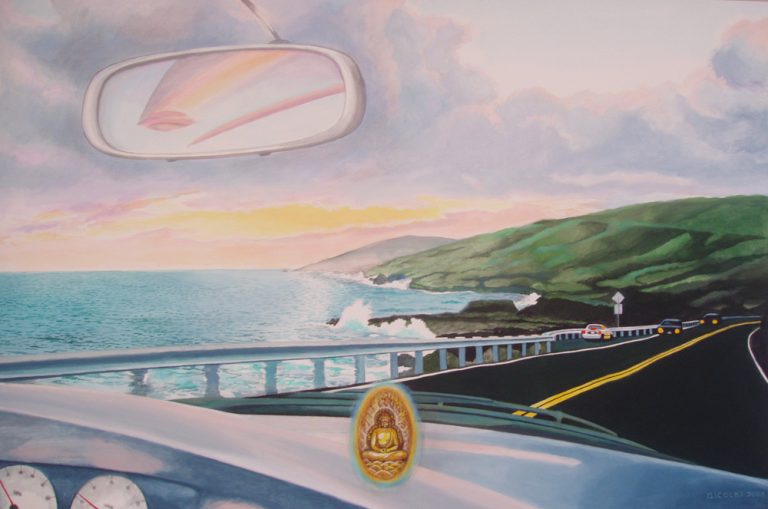 Buddha on my Dashboard, Acrylic on canvas, 36 x 56, $3200. Giclée, 13.5 x 2 Bare Print $18.