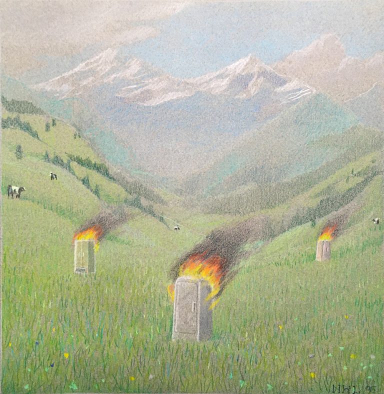 Burning Refrigerators - Giclée from original prisma pencil, 12 X 12 bare print $59.